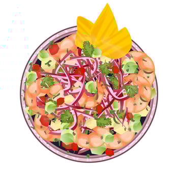 Shrimp Ceviche served on plate. Latin American food top view. Colorful vector illustration isolated on white background.