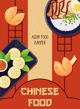 Chinese restaurant flyer template. Asian food vertical poster. Colorful vector illustration.