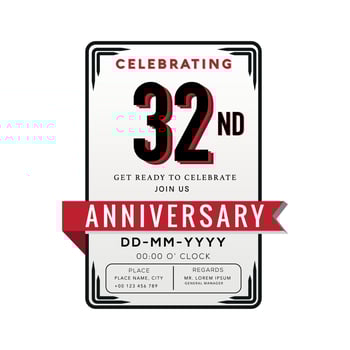 32 Years Anniversary Logo Celebration and Invitation Card with red ribbon Isolated on white Background vector