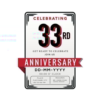 33 Years Anniversary Logo Celebration and Invitation Card with red ribbon Isolated on white Background vector