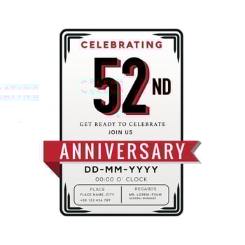 52 Years Anniversary Logo Celebration and Invitation Card with red ribbon Isolated on white Background vector