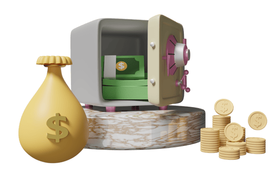 cylinder podium marble with open safe box, coins stack, banknote, bag money dollar isolated. business banking concept, 3d illustration or 3d render png