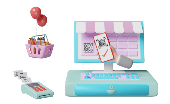 hand holding mobile phone, smartphone with cash register machine, pos terminal, qr code scanner isolated. cashless payment , online shopping concept, 3d illustration, 3d render png