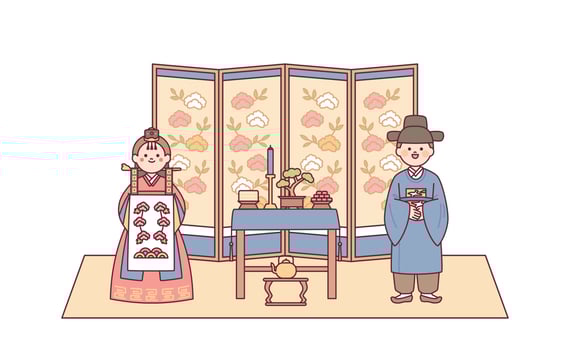 The bride and groom at a traditional Korean wedding reception. Parents celebrate by throwing jujubes. vector