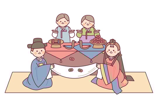 The bride and groom at a traditional Korean wedding reception. Parents celebrate by throwing jujubes. vector