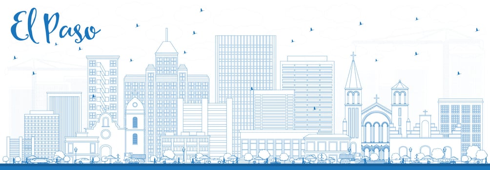 Outline El Paso Skyline with Blue Buildings. vector