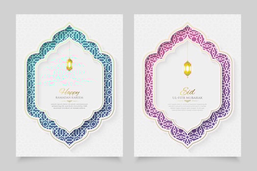 Ramadan and Eid Islamic White Luxury Vertical Ornamental Backgrounds with Arabic Pattern and Decorative Arch Frame vector