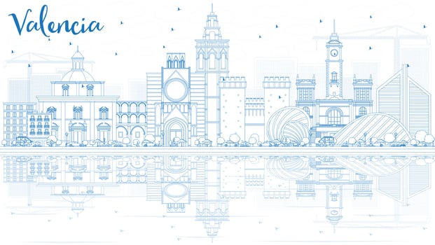 Outline Valencia Skyline with Blue Buildings and Reflections. vector