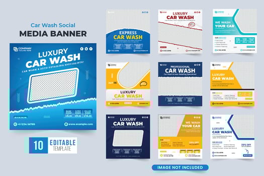 Car cleaning and repair business promotional template collection with blue and yellow colors. Car wash business social media post set vector for marketing. Vehicle maintenance service template bundle.