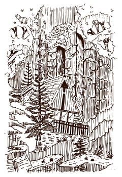 House in the middle of the forest vector illustration, Hand drawn, sketch