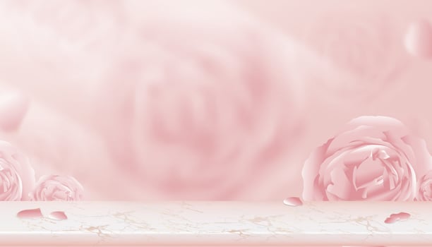 Wall Display of Pink Marble shelf with blurry English rose background,Vector 3D Studio scene with blurry spring flower,Sweet pink pastel backdrop banner for beauty product,Mother day,Valentine Day vector