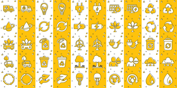 Eco environment icons set in comic style. Ecology cartoon vector illustration on white isolated background. Bio emblem splash effect sign business concept.