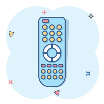 Remote control icon in comic style. Infrared controller vector cartoon illustration on white isolated background. Tv keypad business concept splash effect.