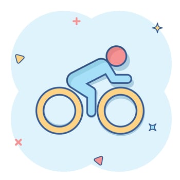 People on bicycle sign icon in comic style. Bike vector cartoon illustration on white isolated background. Men cycling business concept splash effect.