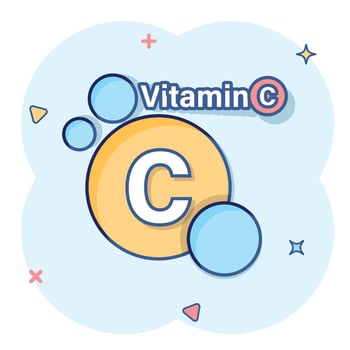 Vitamin C icon in comic style. Pill capsule cartoon vector illustration on white isolated background. Drug splash effect business concept.