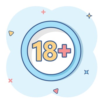 18 plus icon in comic style. Adult only cartoon vector illustration on white isolated background. Forbidden child splash effect business concept.