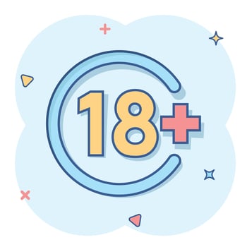 Eighteen plus icon in comic style. 18 cartoon vector illustration on white isolated background. Censored splash effect business concept.