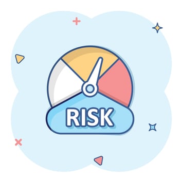 Risk meter icon in comic style. Rating indicator cartoon vector illustration on white isolated background. Fuel level sign splash effect business concept.