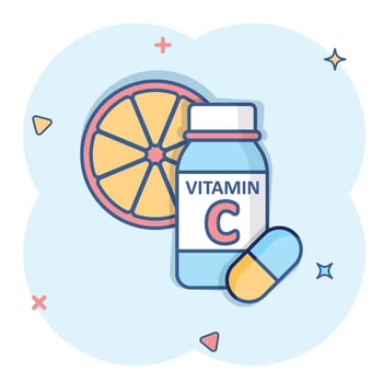 Vitamin C icon in comic style. Bottle with pill cartoon vector illustration on white isolated background. Pharmacy sign business concept splash effect.