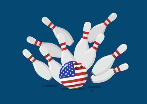 Bowling ball with the United State flag breaks bowling pins vector