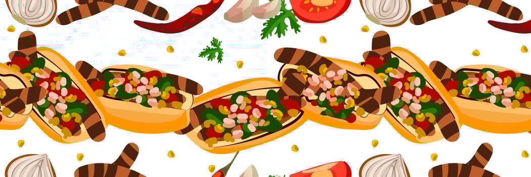 A pattern of Choripan sandwiches with chorizo. Latin American cuisine. An Argentine snack. Sandwiches with ingredients for cooking horizontally. Kitchen illustration. Suitable for printing on packagin vector