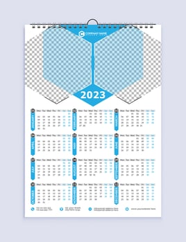 One Page Wall Calendar Design, Calendar 2023,  Single Page Calendar, 12 months Calendar Design, Print Ready, A3 Size. vector
