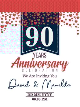 90th Years Anniversary Logo Celebration With Love for celebration event, birthday, wedding, greeting card, and invitation vector