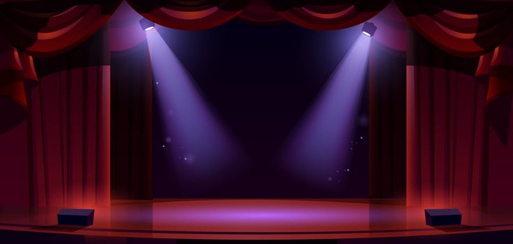 Theater stage with spotlights, red curtains, floor vector