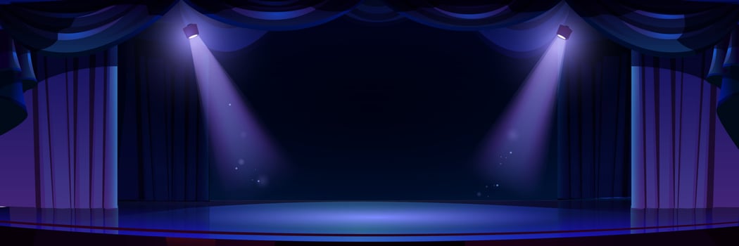 Dark theater stage with spotlights, curtain, drama vector