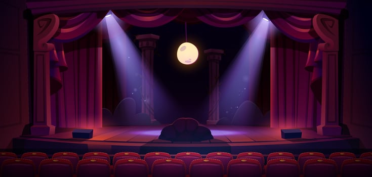 Theater stage with red curtains, spotlights, moon vector