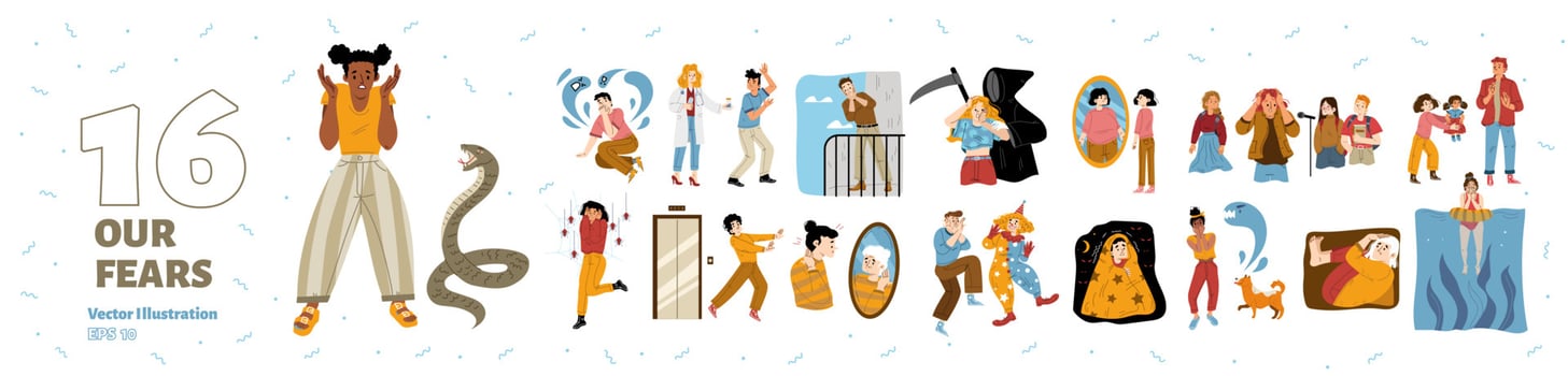 Set of scared people suffering phobias vector