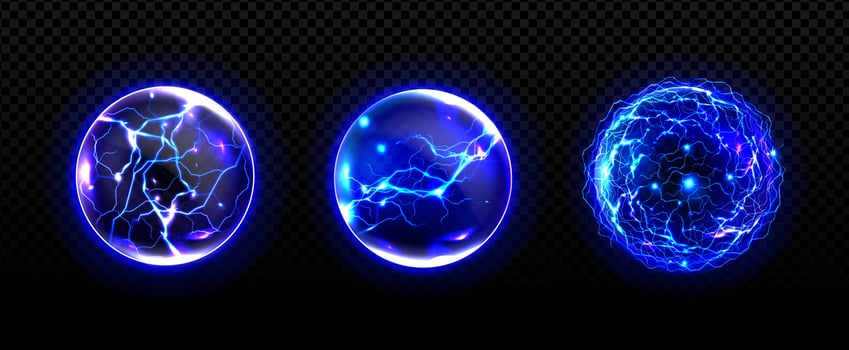 Energy balls with lightnings, power spheres set vector