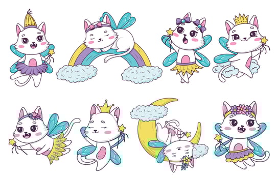 Bundle of drawn cute cartoon cats fairy with a magic wand in different poses in doodle style vector
