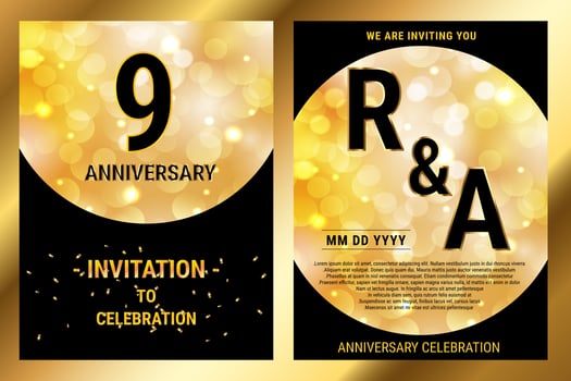 9th years birthday vector black paper luxury invitation double card. Wedding anniversary celebration brochure. Template of invitational for print hitam and gold background