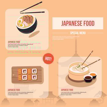 Template, social media banner with Asian food. Japanese restaurant concept with Asian architecture. Vector