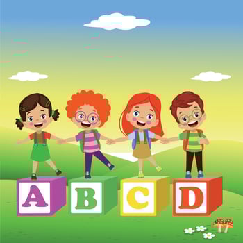 nature outdoor with cute kids books and letter cubes vector