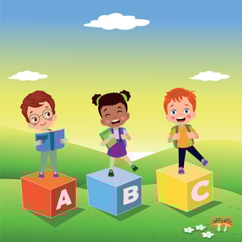 nature outdoor with cute kids books and letter cubes vector