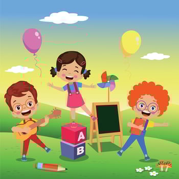 nature outdoor with cute kids books and letter cubes vector