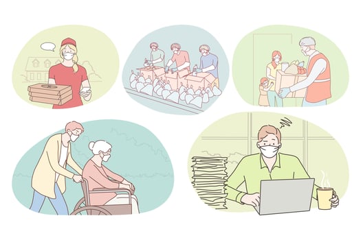 People of different professions working during coronavirus pandemic. People professional deliverymen, packers, office worker, sitter with disabled in medical protective mask working during epidemic vector