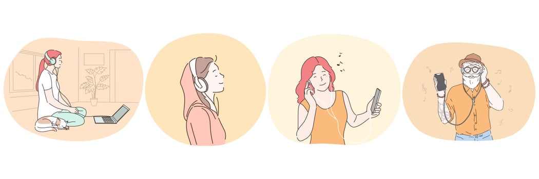 Listening to music or audiobook with headphones concept. Young women and man enjoying favourite music or audiobook, watching movie with headphones connected to laptop or smartphone vector
