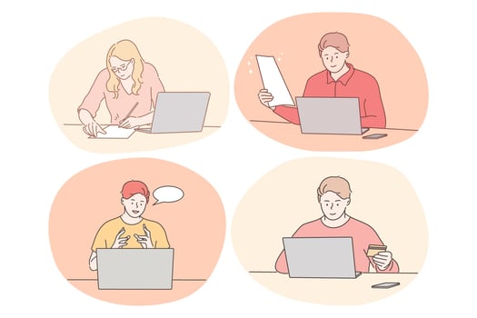 Online communication, elearning, distant working, paying online concept. Young women and men sitting and working, studying, ordering things and chatting online on laptops from home or office vector