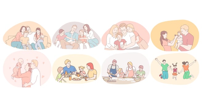Happy family, parenthood, enjoying time with children concept. Young happy families with kids playing, walking, eating, cooking, watching movies and having fun together at home and outdoors vector