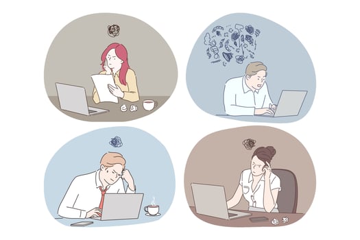 Online work, thinking during work with laptop in office concept. Young business people office workers or managers sitting in office and thinking about presentations or analytics work on laptops vector