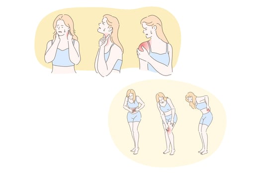 Woman having chronic pain in body and joints concept. Young woman cartoon character suffering from back, neck, shoulder, knee, belly pain or arthritis with red indicator on pain focus vector
