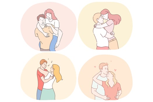 Romance, love, dating, relationship, togetherness concept. Happy young loving couples dating, hugging, loving and enjoying time together during meetings vector illustration