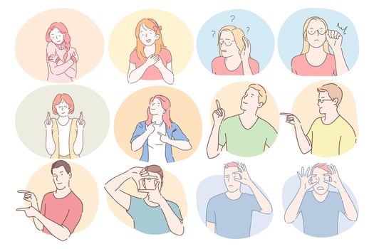 Sign language, gestures, hands communication concept. Young boys and girls cartoon characters showing hugs, hope, thankfulness, shock and pointing both finger to different sides illustration vector