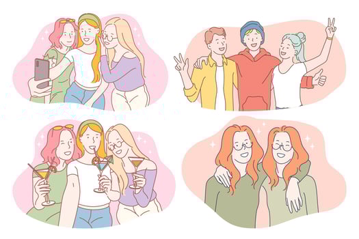 Party, friendship, friends, having fun, celebration, holiday concept. Group of happy smiling people friends teens celebrating holiday, drinking cocktails, making selfie and having fun together vector