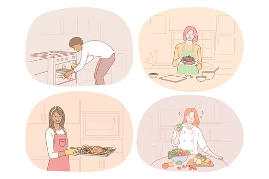 Cooking, baking, recipe, chef, cook, food concept. Young people men and women cooking food at home, baking, making healthy dishes and enjoying time in kitchen vector illustration. Gourmet, homemade