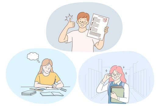 Success in studying, excellent school pupils concept. Smiling school boy and girls cartoon characters having excellent marks for educational exams and showing good knowledge in class illustration vector