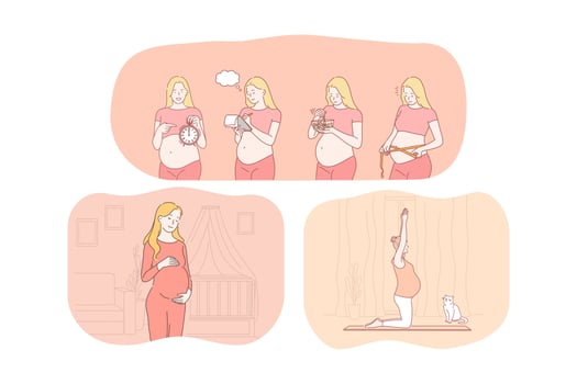 Pregnancy, motherhood, expecting for childbirth and baby concept. Young happy pregnant women cartoon characters measuring belly, relaxing on mat, feeling love and counting days before birth giving day vector